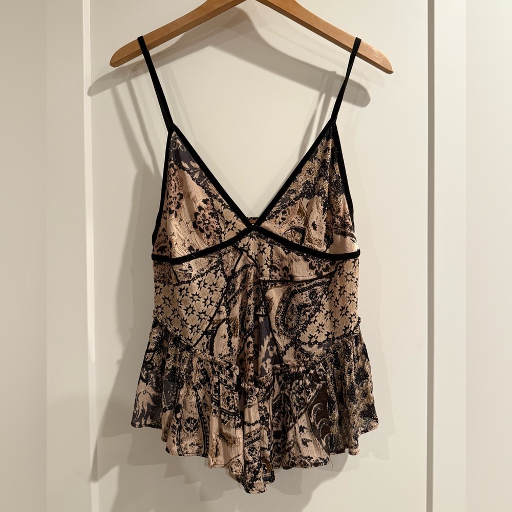 Free People Black and Beige Patterned Top